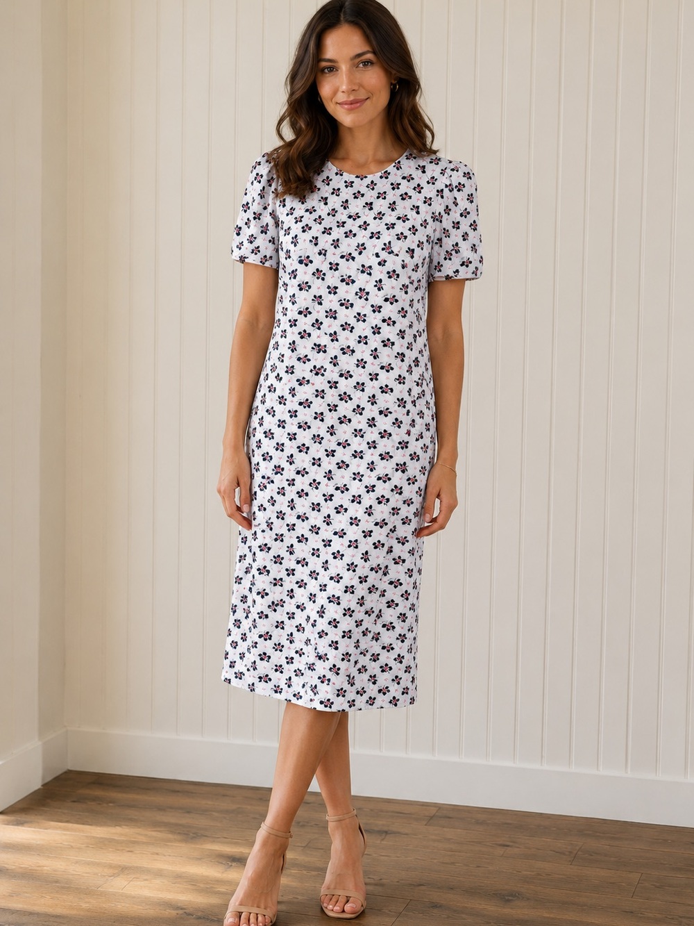 Ann Taylor White Midi Dress with Navy and Red Floral Print